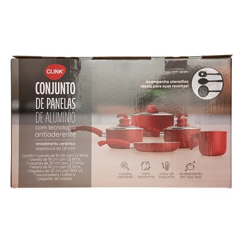Jogo Panelas 8 Pçs Vermelho Alúminio, Vidro e Baquelite 47,5 cm x 16,5 cm x 25,5 cm — imagem 3
