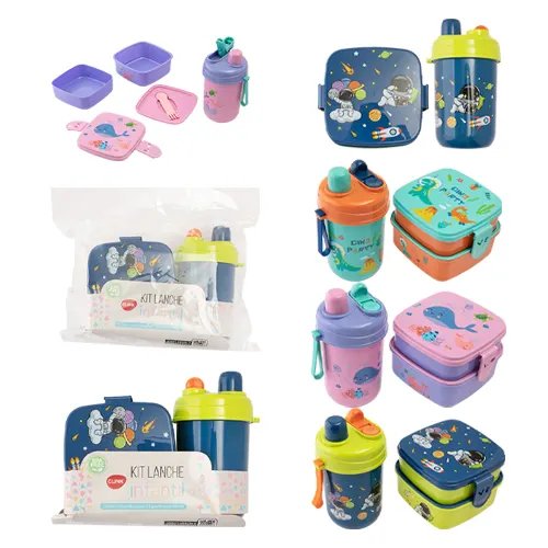 KIT Lanche Garrafa 600 ml Marmita Dupla 300 ml /500 ml Plástico PP 23 cm x 9 cm x 16 cm — imagem 2