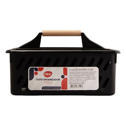 Cesto Organizador Triplo Plástico PP e Madeira 23,5 cm x 23 cm x 13,3 cm — imagem 2