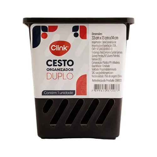 Cesto Organizador Duplo M Plástico PP e Madeira 33 cm x 13 cm x 14 cm — imagem 2