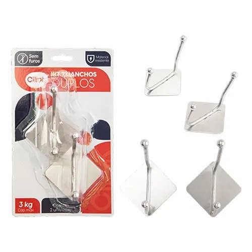 KIT 2 Gancho Duplo Hexagonal 3 Kg Aço INOX 5,5 cm x 7,5 cm x 5 cm