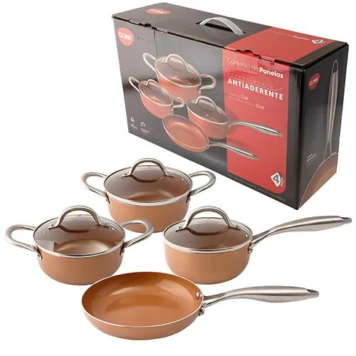 Jogo Panelas Cobre 4 PçsAlúminio, Aço INOX e Vidro 50 cm x 14 cm x 33 cm