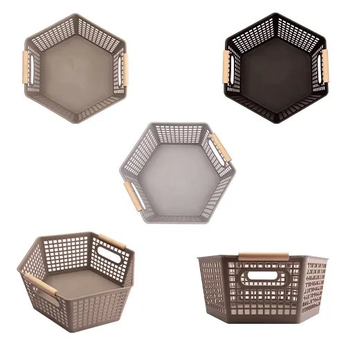 Cesto Organizador Hexagonal M Plástico PP e Madeira 28,5 cm x 30,5 cm x 13,5 cm — imagem 2