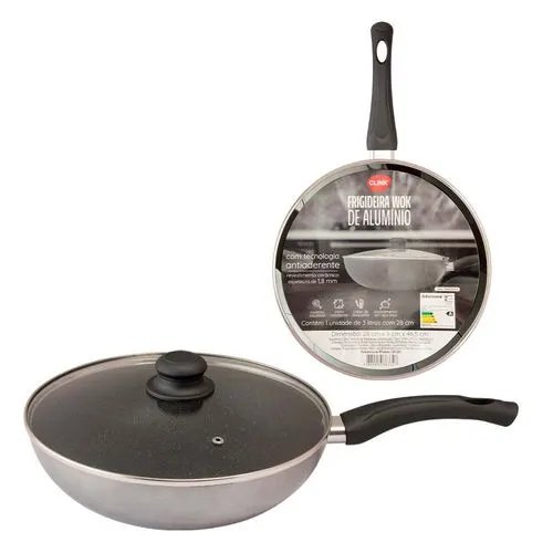 Frigideira 28 cm Wok 3 L Tampa Cinza Alúminio, Vidro e Baquelite 28 cm x 8 cm x 46,5 cm — imagem 2