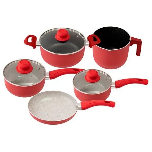 Jogo Panelas 8 Pçs Vermelho Alúminio, Vidro e Baquelite 47,5 cm x 16,5 cm x 25,5 cm