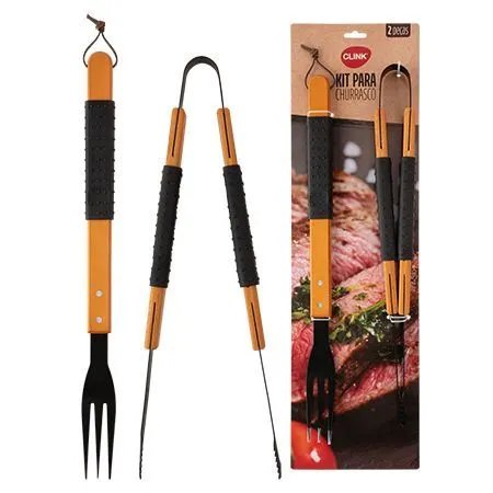 KIT Churrasco 2 Pçs Aço INOX, Plástico e Madeira 50,5 cm x 10 cm x 1,4 cm — imagem 2
