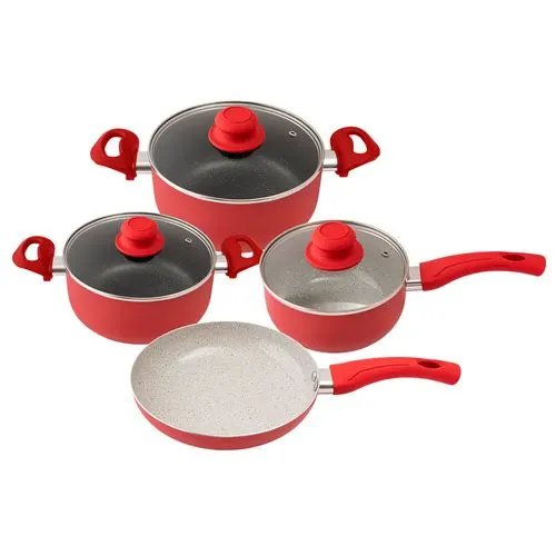 Jogo Panelas 7 Pçs Vermelho Alúminio, Vidro e Baquelite 50 cm x 15,5 cm x 28,5 cm