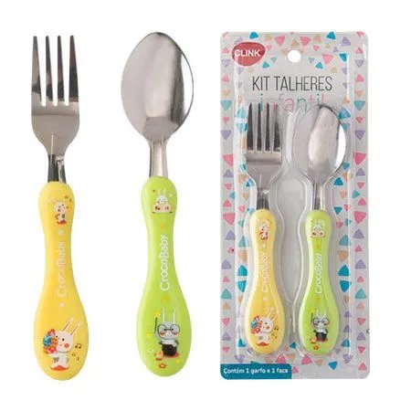 KIT Talheres Infantil Ferro e Plástico PP 15 cm x 3 cm x 1 cm