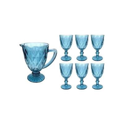 Conjunto Jarra e Tacas Vitral Azul 7 Peças