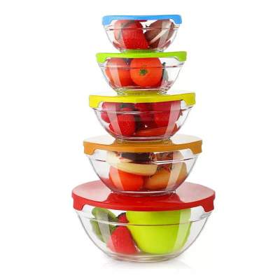 Tigelas de Vidro com Tampa Plastica Colorida 5 Peças