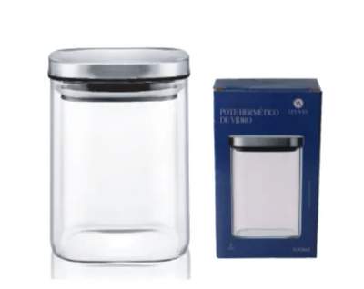 Pote Hermético Quadrado 650ml com Tampa de Aço Inox