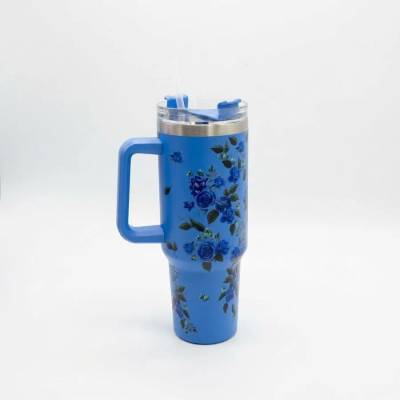 Copo Térmico MS-931 1200ml com Estampas Florais Aço Inox e Tampa Emborrachada Floral - Azul