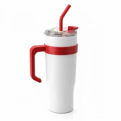 Copo Térmico MS-958 1200ml Dupla Camada Aço Inox com Canudo e Tampa - Branco Liso com Vermelho