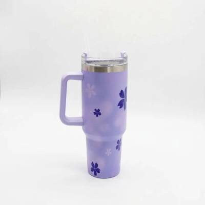 Copo Térmico MS-931 1200ml com Estampas Florais Aço Inox e Tampa Emborrachada Floral - Lilás
