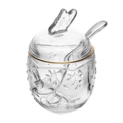 Açucareiro com Tampa e Colher New Butterfly com Fio de Ouro 250ml Cristal Ecológico