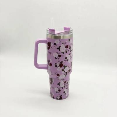 Copo Térmico MS-931 1200ml com Estampas Florais Aço Inox e Tampa Emborrachada Floral - Roxo