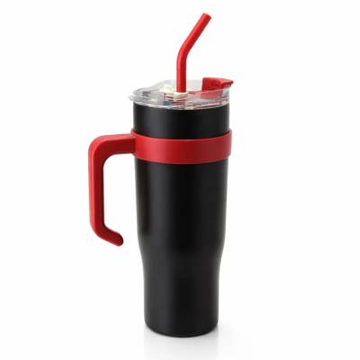 Copo Térmico MS-958 1200ml Dupla Camada Aço Inox com Canudo e Tampa - Preto Liso com Vermelho
