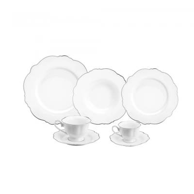 Aparelho de Jantar 42 Peças de Porcelana Maldivas Branco com Fio Prata