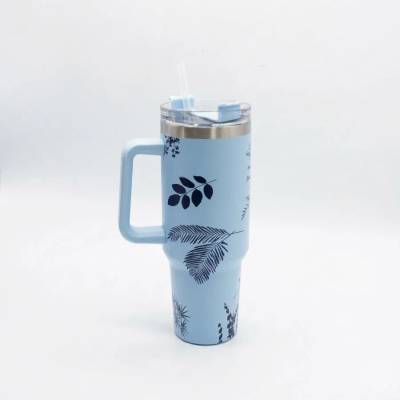 Copo Térmico MS-931 1200ml com Estampas Florais Aço Inox e Tampa Emborrachada Floral - Azul Bebê