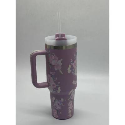 Copo Térmico MS-957 1200ml com Estampas Florais Aço Inox e Tampa Emborrachada - Roxo Florido