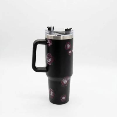 Copo Térmico MS-931 1200ml com Estampas Florais Aço Inox e Tampa Emborrachada Floral - Preto