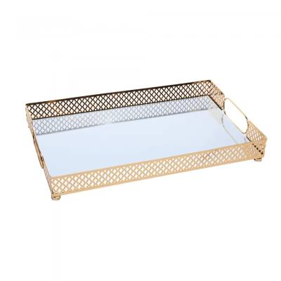 Bandeja com Espelho Marbella 32cm x 20cm x 5cm Dourada Metal