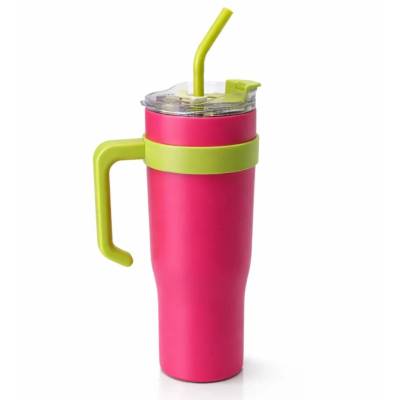 Copo Térmico MS-958 1200ml Dupla Camada Aço Inox com Canudo e Tampa - Rosa Pink Liso com - Verde