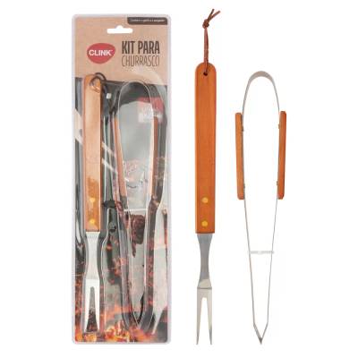 KIT Churrasco 2 Pçs Aço INOX e Madeira 35 cm x 5,5 cm x 1,4 cm