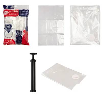KIT 5 Saco A Vácuo PET e Pé 70 cm x 110 cm e 1 Bomba A Vácuo Plástico PP e Metal 43 cm x 28,5 cm x 7 cm