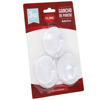 KIT 3 Ganchos Parede 3 Kg Adesivo Plástico 4 cm x 6 cm x 2,7 cm