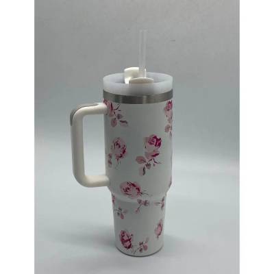 Copo Térmico MS-957 1200ml com Estampas Florais Aço Inox e Tampa Emborrachada - Branco Florido