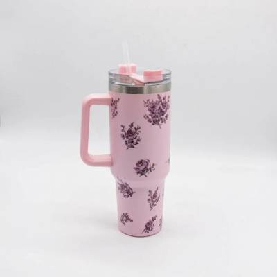 Copo Térmico MS-931 1200ml com Estampas Florais Aço Inox e Tampa Emborrachada Floral - Rosa