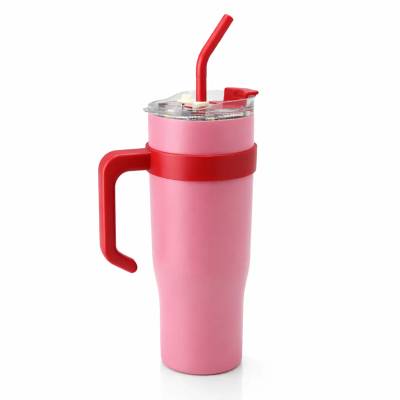 Copo Térmico MS-958 1200ml Dupla Camada Aço Inox com Canudo e Tampa - Rosa Liso com Vermelho