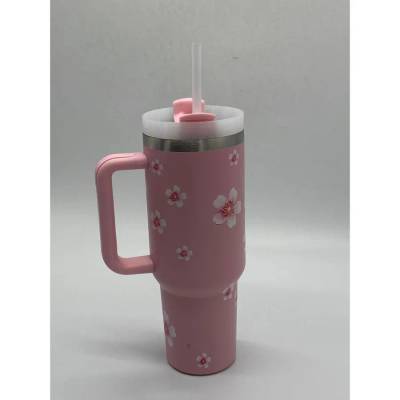 Copo Térmico MS-957 1200ml com Estampas Florais Aço Inox e Tampa Emborrachada - Rosa Florido