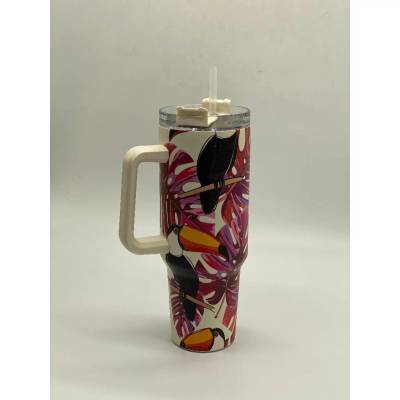 Copo Térmico MS-930 1200ml com Estampas de Pássaros Aço Inox e Tampa Emborrachada Tucano com Folhagem - Rosa