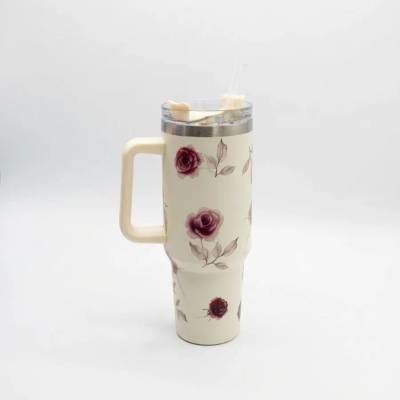 Copo Térmico MS-931 1200ml com Estampas Florais Aço Inox e Tampa Emborrachada Floral - Branco
