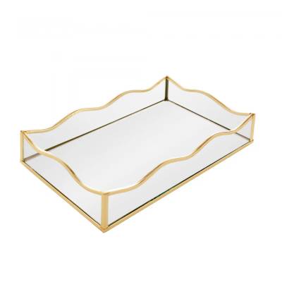 Bandeja com Espelho Ocean 15cm x 25cm x 4cm Dourada Metal