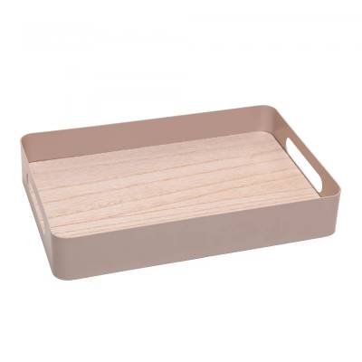 Bandeja com Fundo de Madeira Virelli 30cm x 20cm x 5cm Bege Metal