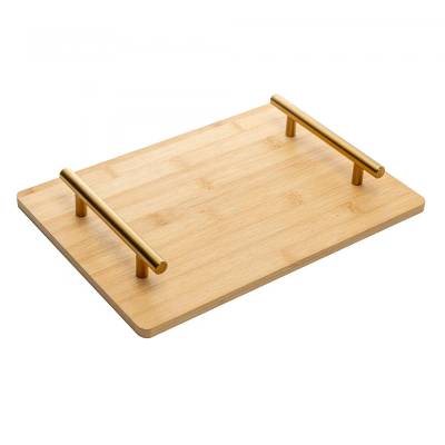 Bandeja com Alça de Metal Dourada Seattle 30cm x 21cm Natural Bambu