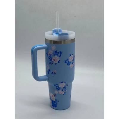 Copo Térmico MS-957 1200ml com Estampas Florais Aço Inox e Tampa Emborrachada - Azul Florido